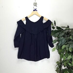 Anthro Maeve Cold Shoulder Blue Frill Top